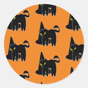 Sticker Rond Vintage Halloween Chat Noir Sorcière Orange