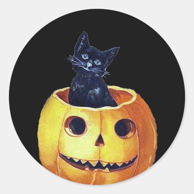 Sticker Rond Vintage Halloween Kitty dans un Citrouille (Devant)