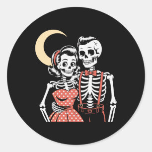 Sticker Rond Vintage Halloween Skeleton Couple In Love 1950 St.