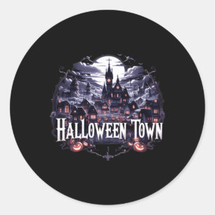 Sticker Rond Vintage Halloween Town Skeleton Ghost Citrouille H