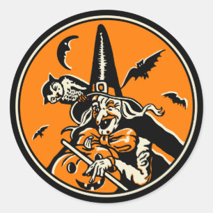 Sticker Rond Vintage Halloween Witch et Jack O'Lantern