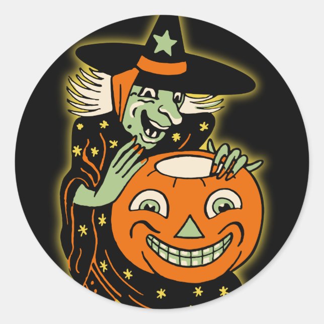 Sticker Rond Vintage Halloween Witch et Jack O'Lantern (Devant)