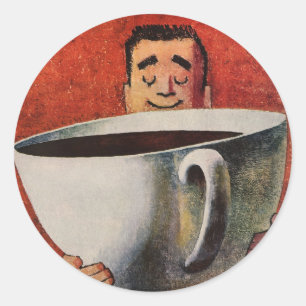 Sticker Rond Vintage Happy Man Boire la Coupe Géante de Café
