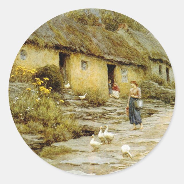 Sticker Rond Vintage Helen Allingham Irish Cottage (Devant)