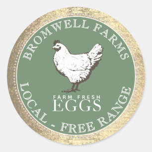 Sticker Rond VINTAGE HEN FARINE OEUF FRAIS Vert avec bordure or