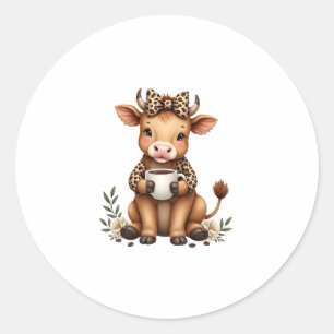 Sticker Rond Vintage Highland Cow Amateur de Café Aquarelle Mig