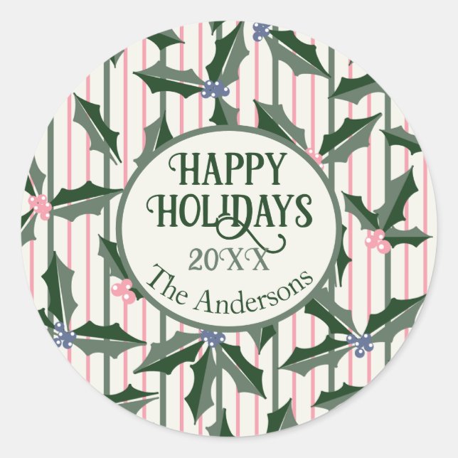Sticker Rond Vintage Holiday Holly avec nom (Devant)