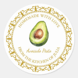 Sticker Rond Vintage Homemade Avocado Pesto Label l Blanc