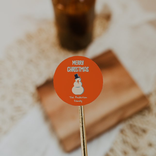 Sticker Rond Vintage Illustré Red Snowman Joyeux Noël (Créateur téléchargé)