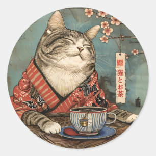 Sticker Rond Vintage japonais art chat heureux avec une tasse d