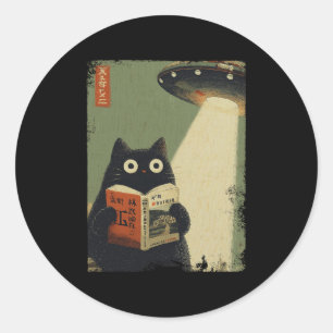 Sticker Rond Vintage japonais Chat Amoureux de livres OVNIS Ext