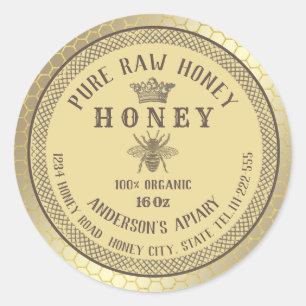 Sticker Rond Vintage jaune doré couronne miel peigne miel pot d