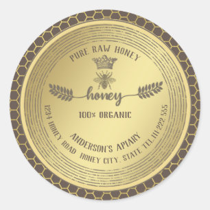 Sticker Rond Vintage jaune doré couronne miel peigne miel pot d