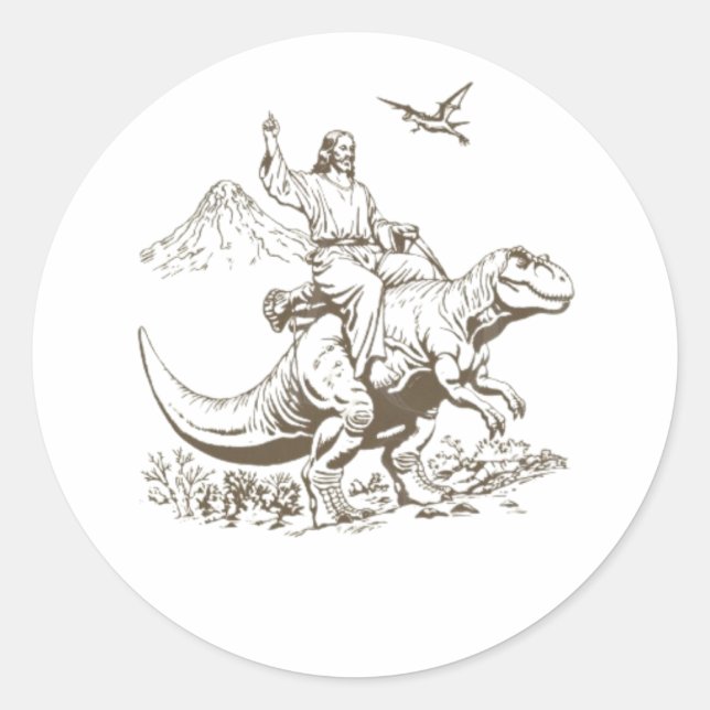 Sticker Rond Vintage Jésus équitation Dinosaur 90s (Devant)