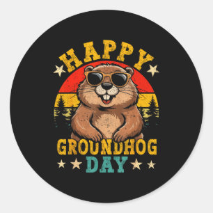 Sticker Rond Vintage Joyeuse Fête de la Marmotte Amoureux des A