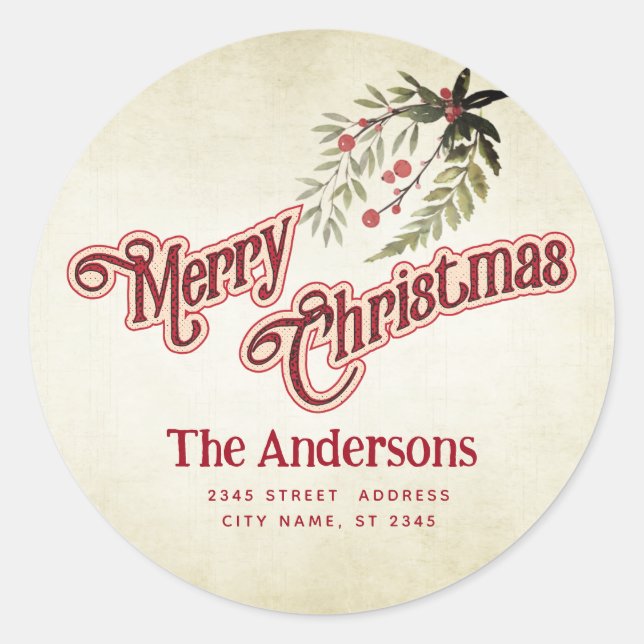 Sticker Rond Vintage Joyeux Noël botanique saint (Devant)