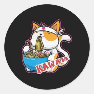 Sticker Rond vintage kawaii chat manger ramen anime retro Japan