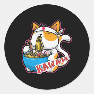 Sticker Rond vintage kawaii chat manger ramen anime retro Japan
