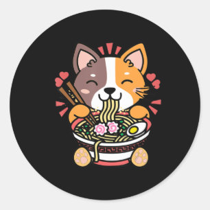 Sticker Rond Vintage Kawaii Ramen Chat Anime Japonais nourritur