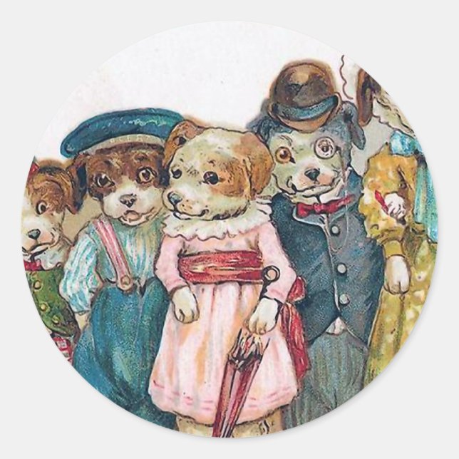 Sticker Rond vintage "La famille des chiens" (Devant)