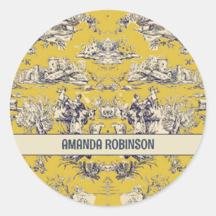 Sticker Rond Vintage lac fleuri jaune toile de jouy monogramme