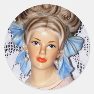 Sticker Rond Vintage Lady Ado Head Vase Big Bow 60s