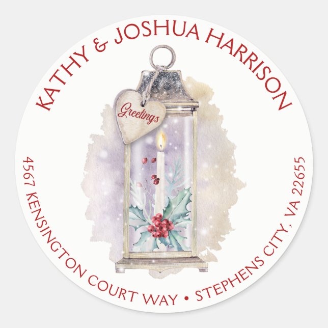 Sticker Rond Vintage Lanterne Holly Feuilles Berries Adresse | (Devant)