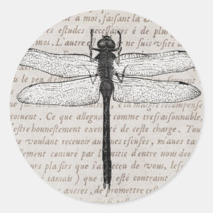 Sticker Rond Vintage libellule et collage de texte antique