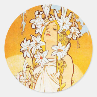 Sticker Rond Vintage Lily par Alphonse Mucha