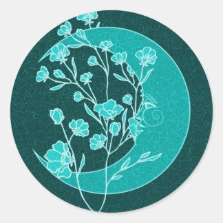 Sticker Rond Vintage Lumineuse Turquoise Art Nouveau Lune & Fle