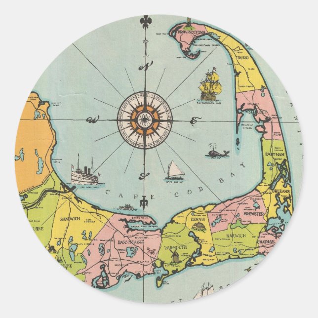 Sticker Rond Vintage Map of Cape Cod (Devant)