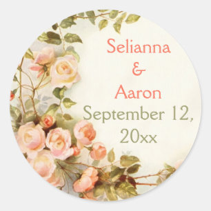 Sticker Rond Vintage mariage rose romantique Enregistrer la dat