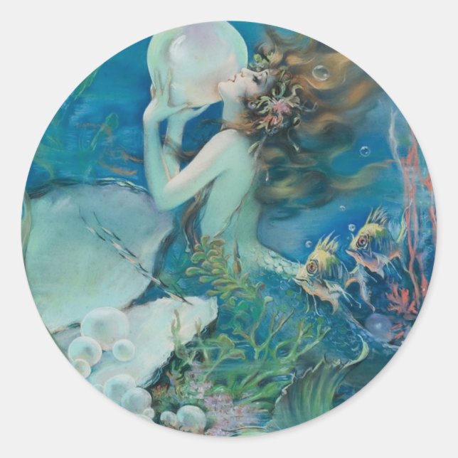 Sticker Rond Vintage Mermaid Holding Pearl (Devant)