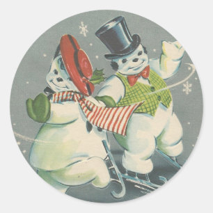 Sticker Rond Vintage Merrie Christmas Snowman Couple