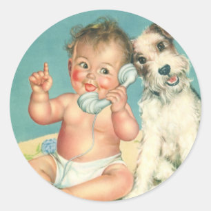 Sticker Rond Vintage mignonne bébé parler sur téléphone Chien c