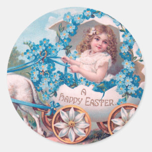 Sticker Rond Vintage mignonne fille dans le transport d'oeufs d