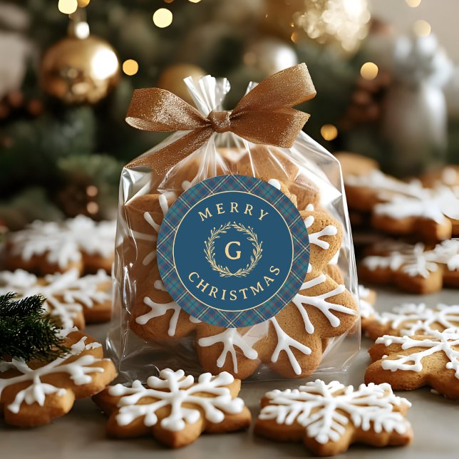 Sticker Rond Vintage Monogramme couronne bleu Plat Noël (Créateur téléchargé)