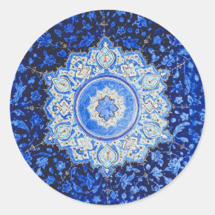 Sticker Rond Vintage Motif Bleu Avec Mandala Floral