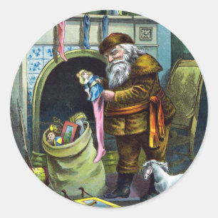 Sticker Rond Vintage Noël, Bas de Noël du Père Noël avec Jouets