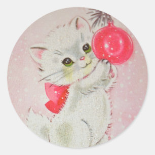 Sticker Rond Vintage Noël Blanc Kitty