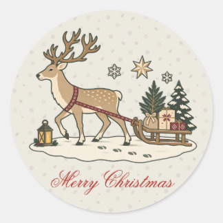 Sticker Rond Vintage Noël Cerf Traîneau Fête Nordique