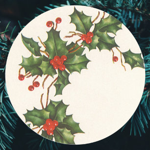 Sticker Rond Vintage Noël, Holly Plante avec les baies rouges