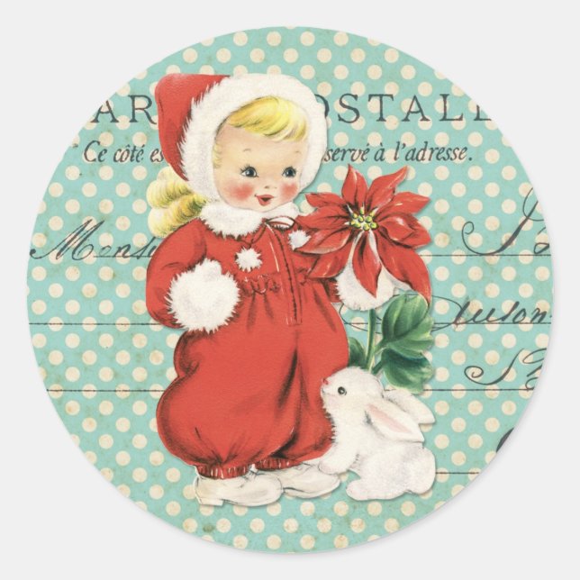 Sticker Rond Vintage Noël mignonne fille Poinsettia points de m (Devant)