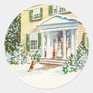 Sticker Rond Vintage Noël Neige d'hiver Retour Maison