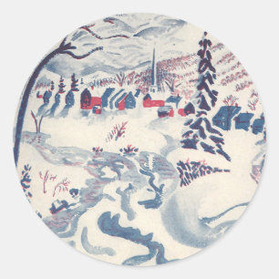 Sticker Rond Vintage Noël, paysage de neige avec Village d'hive
