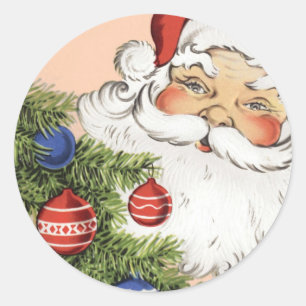 Sticker Rond Vintage Noël Père Noël avec Arbre