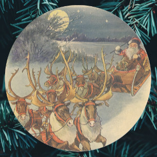 Sticker Rond Vintage Noël Père Noël Sleigh avec Reindeer