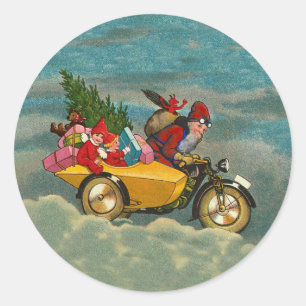 Sticker Rond Vintage Noël père Noël sur moto tour LARGE