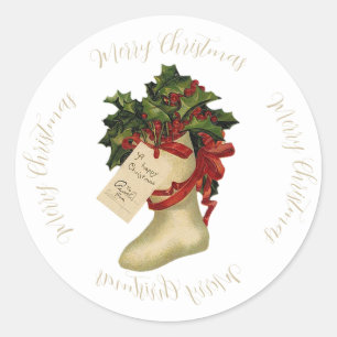Sticker Rond Vintage Noël Stocker avec Holly et Berries