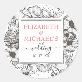 Sticker Rond Vintage noir blanc Floral Mariage Carré Cadre